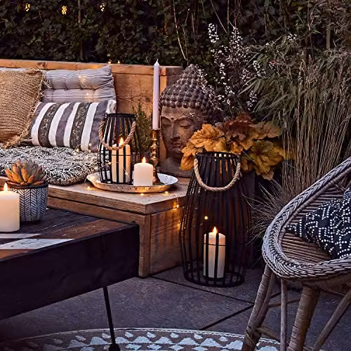 Lights4fun Canberra Large Black Slatted Metal Outdoor Lantern with TruGlow Warm White Flickering LED Candle and Remote Control – 5
