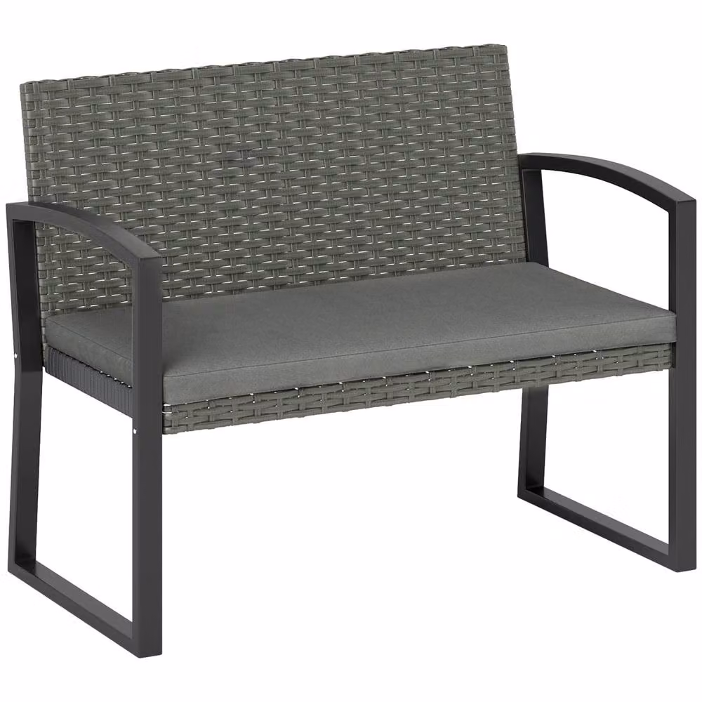 Wyld Haus Haloka 2 Seater Rattan and Metal Outdoor Garden Bench in Light Grey and Dark Grey – 2