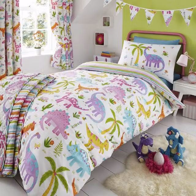 Happy Linen Company Kids Daisy Dino Dinosaur Park T-Rex Reversible Linen Duvet Cover Bedding Set in White, Toddler Size