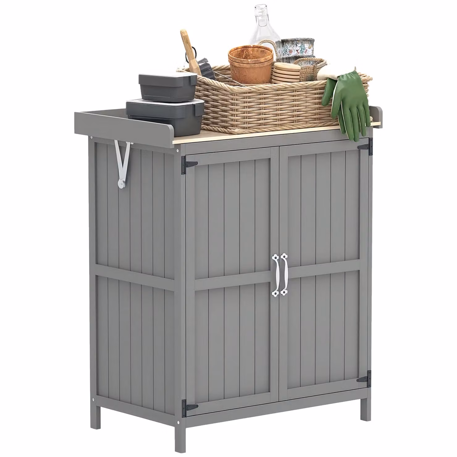 OUTSUNNY Grey Wooden Garden Storage Low Cabinet with Double Doors and Shelving, W/D/H: 74 x 43 x 88 cm – 2