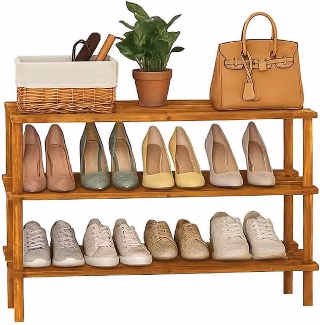 BARGAINS-GALORE 3 Tier Wooden Shoe Rack Footwear Storage Organiser in Brown Walnut Effect