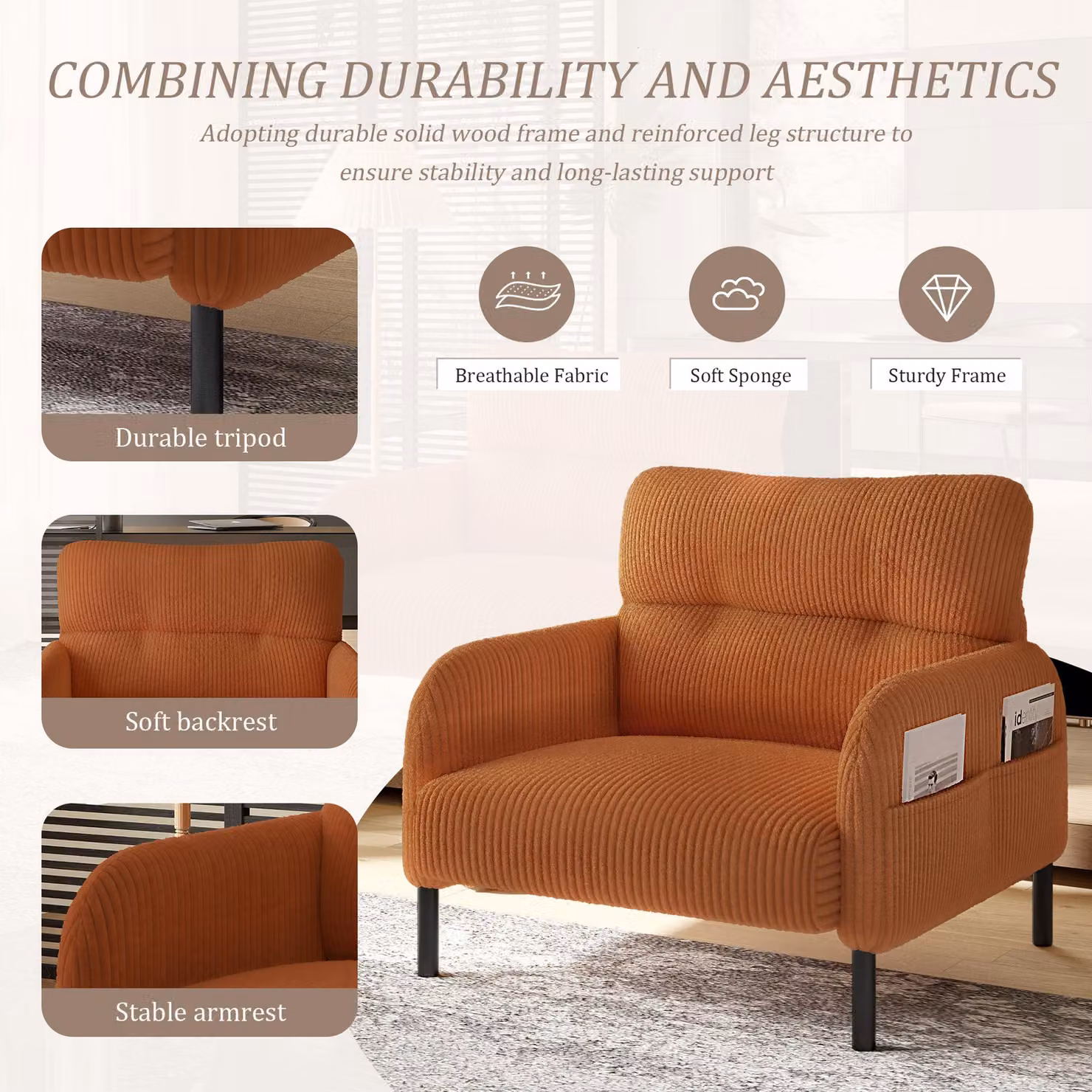 Aosom UK Orange Corduroy Single-Seater Armchair with High-Density Foam Cushion and Storage Pockets, W/D/H: 75 x 67 x 79 cm – 4