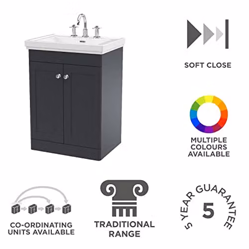 nuie Classique Traditional 2 Door Floor Standing Bathroom Vanity Unit with 3 Tap Hole Fireclay Basin, Soft Black – 2