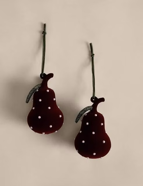 M&S 2 Pack Burgundy Glass Velvet Pear Christmas Baubles