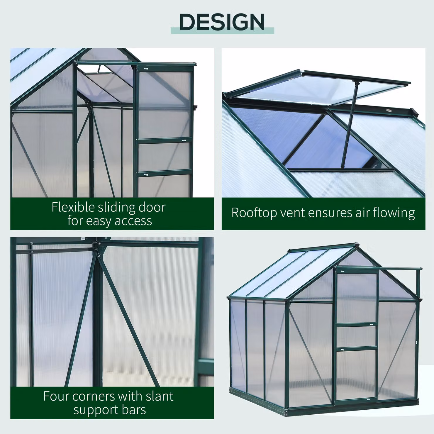 OUTSUNNY Walk-In Polycarbonate Greenhouse with Galvanised Aluminium Frame in Dark Green, W/D/H: 190 x 192 x 201 cm – 4
