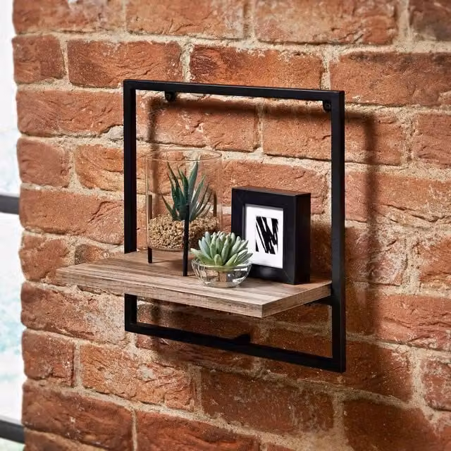 SPOT ON DEALZ Black Metal Frame and Oak MDF Floating Wall Shelf