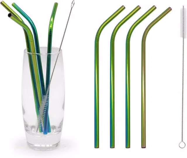 Glim & Glam Reusable Stainless Steel Rainbow Straws, 6 Piece Multicolour Set