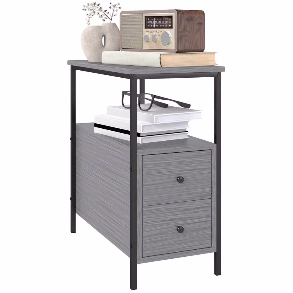 Pirlo Plush Industrial Bedside Table with 2 Drawers and Shelf, Grey and Black, W: 60 cm, D: 30 cm, H: 61 cm – 6