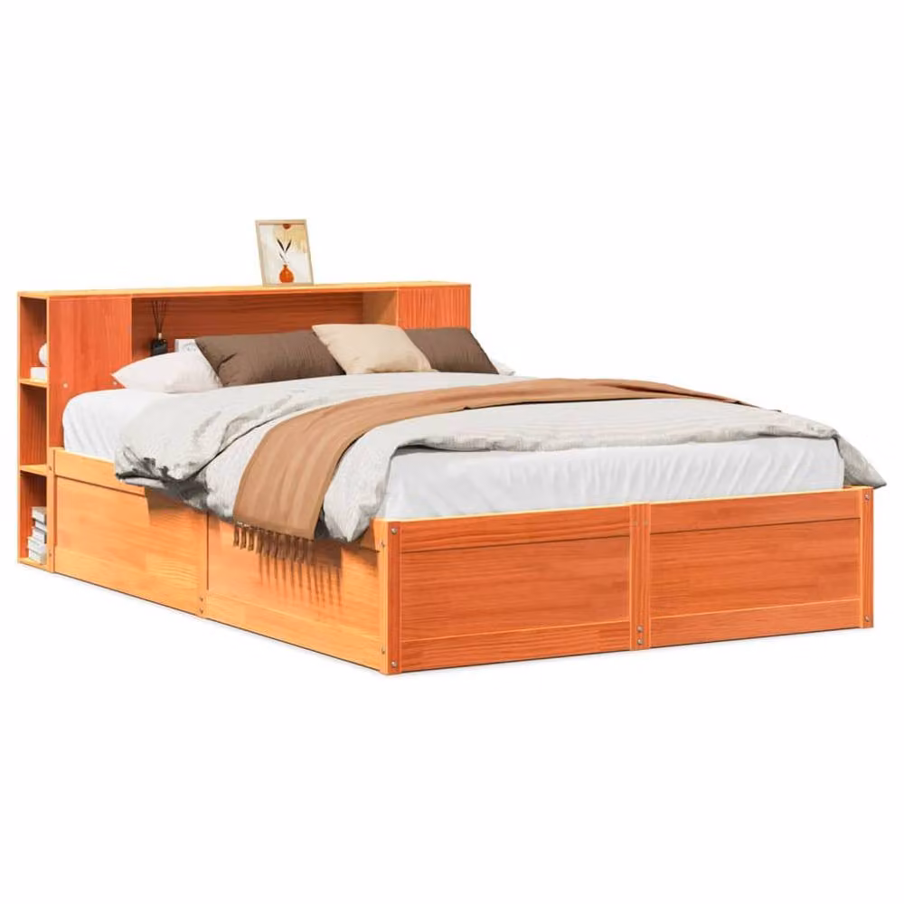 Berkfield Home Double Bed Frame in Waxed Orange Pine with Side Compartments, W: 135 cm, L: 190 cm – 2