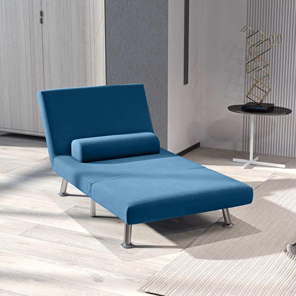 STILVORA 3-in-1 Blue Velvet Sleeper Chair Bed with Adjustable Back and Metal Frame – 3