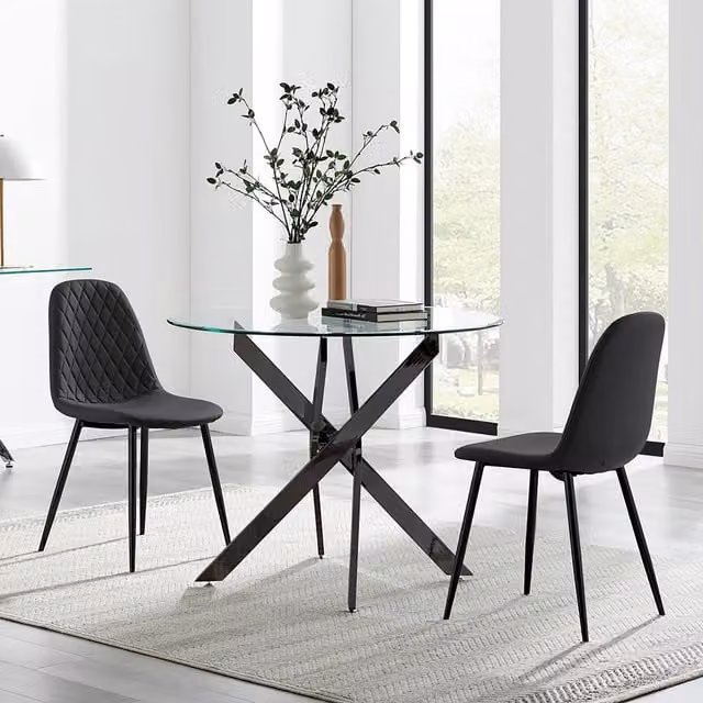 FurnitureboxUK Novara Round Glass Dining Table and 2 Corona Faux Leather Chairs in Black