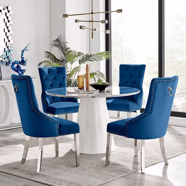 FurnitureboxUK Palma White Marble Effect Round Dining Table and 4 Belgravia Chairs in Blue