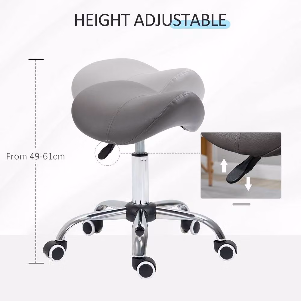 Kelvenix Grey PU Leather Saddle Stool with Moulded Padded Seat and Castors, Height: 60 cm, Width: 49 cm, Depth: 60 cm – 2