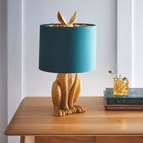 K LIVING Gold Rabbit Resin Table Lamp with Green Fabric Shade – 1