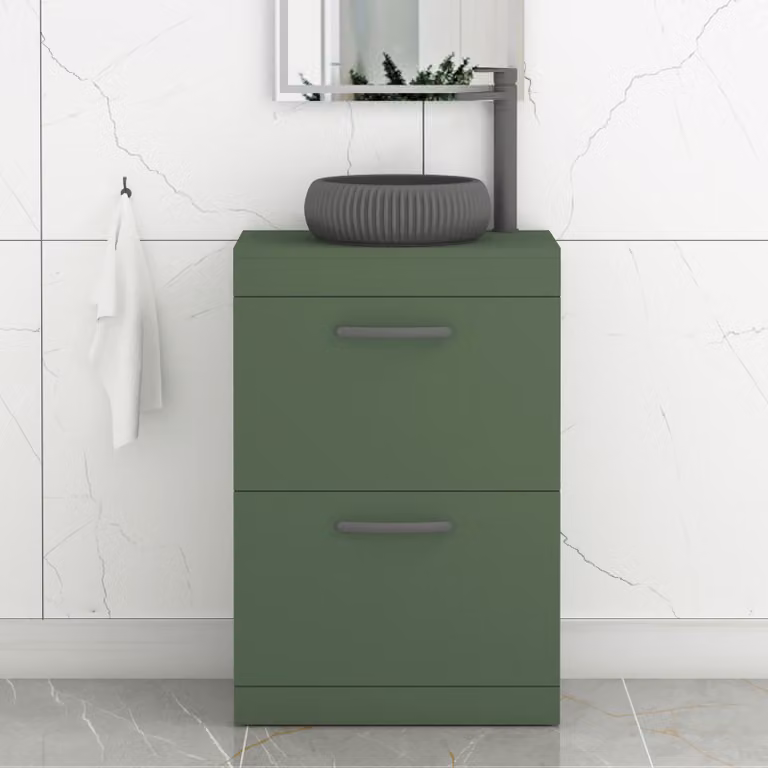 Royal Bathrooms Turin 600mm Floor Standing 2 Drawer Vanity Unit in Matt Green with Milan Black Countertop Basin and Brushed Brass Handles