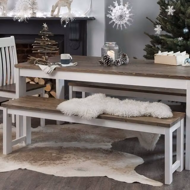 Noa and Nani Scandinavian Pine Dining Table and 2 Benches Set in White and Grey