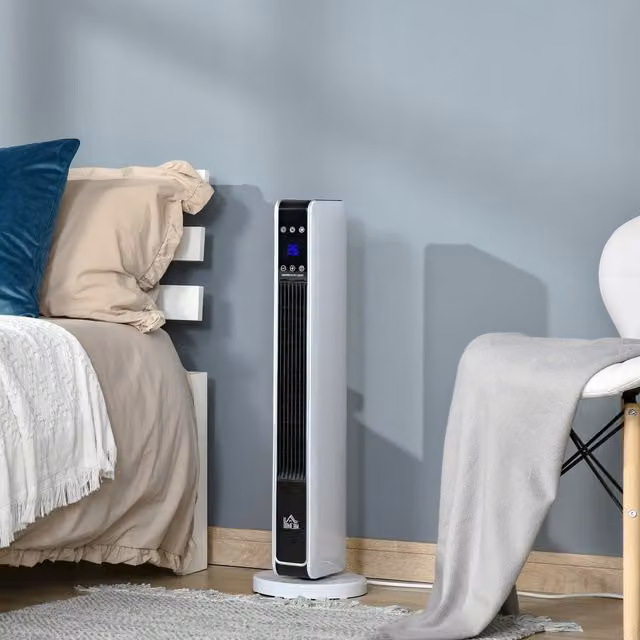 HOMCOM White Oscillating Ceramic Tower Fan Heater with Timer, Overheat Protection and Remote Control