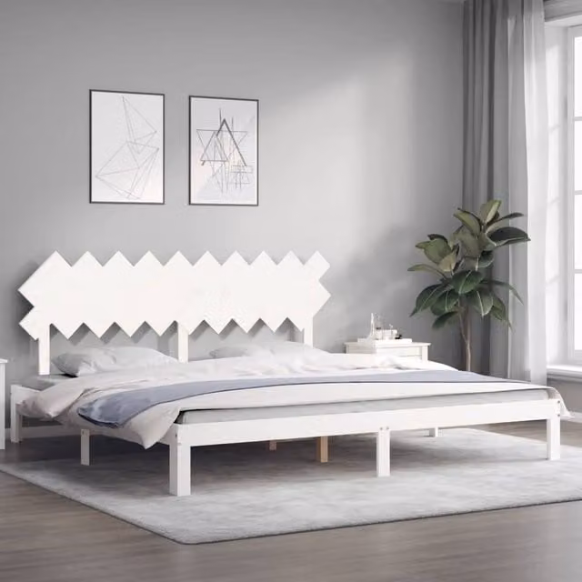 Berkfield Home Beautiful Solid Wood Bed Frame with Headboard in White, W/D/H: 200 x 200 x 80.5 cm – 1