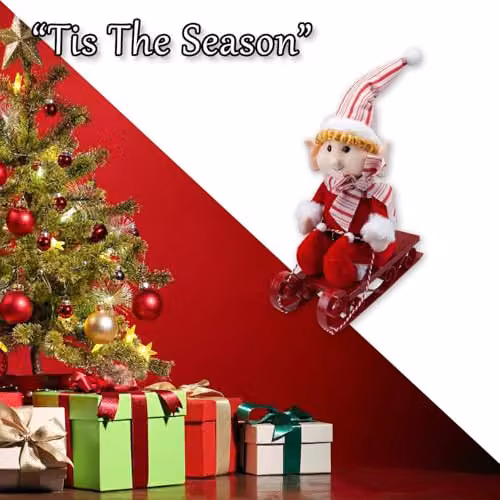 VFM e-Store Christmas Elf on Sledge Tabletop Decoration in Red and White, H 31 cm x W 16 cm – 6