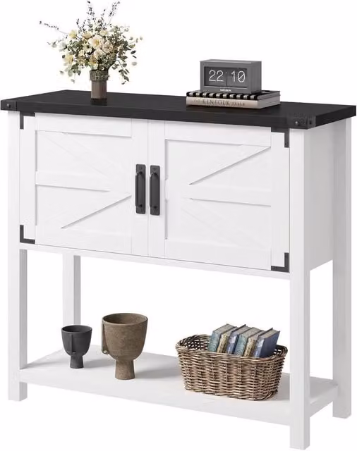 KORVIXA White Modern Farmhouse Console Table with 2 Door Cabinet, W: 100 cm, D: 100 cm, H: 100 cm