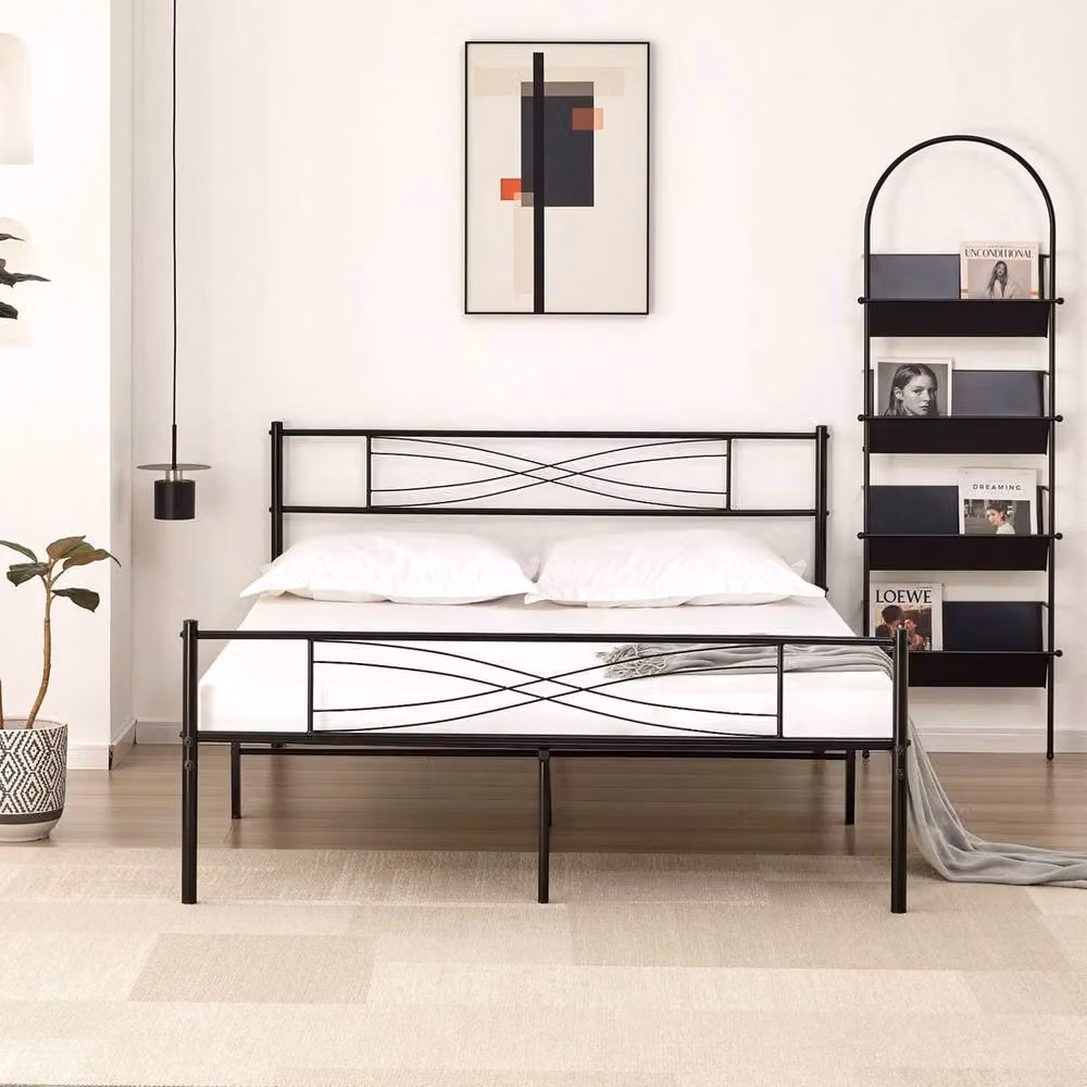 FLAVORA King Size Metal Bed Frame with Headboard and Underbed Storage in Black, W/D/H: 180 x 200 cm – 2