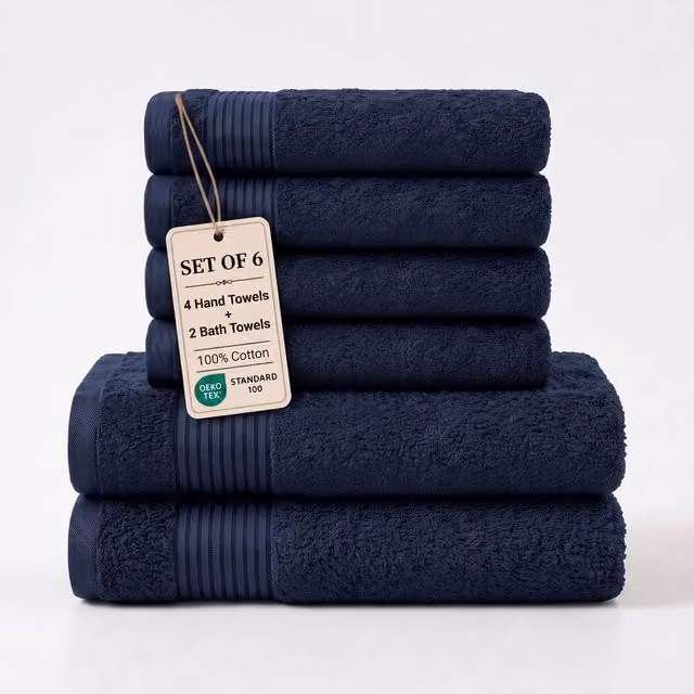 Grace Premium Navy Blue Cotton Bath and Hand Towel Set of 6, 500 GSM – 1