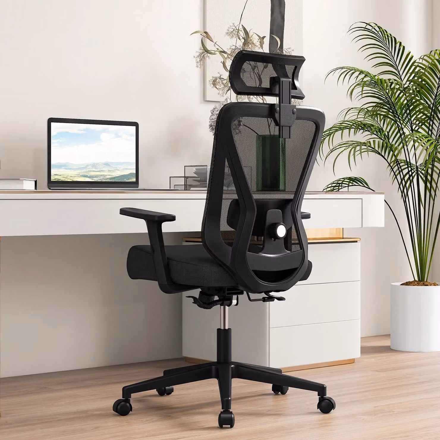 Gymax Ergonomic Mesh Office Chair in Black with Headrest, Armrests and Swivel Function – 8