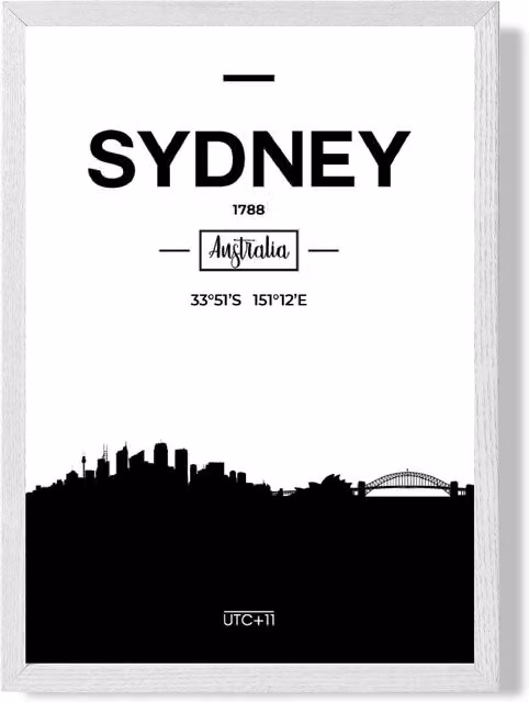 ARTZE Sydney Black and White City Skyline Framed Photograph in a White Frame, A3
