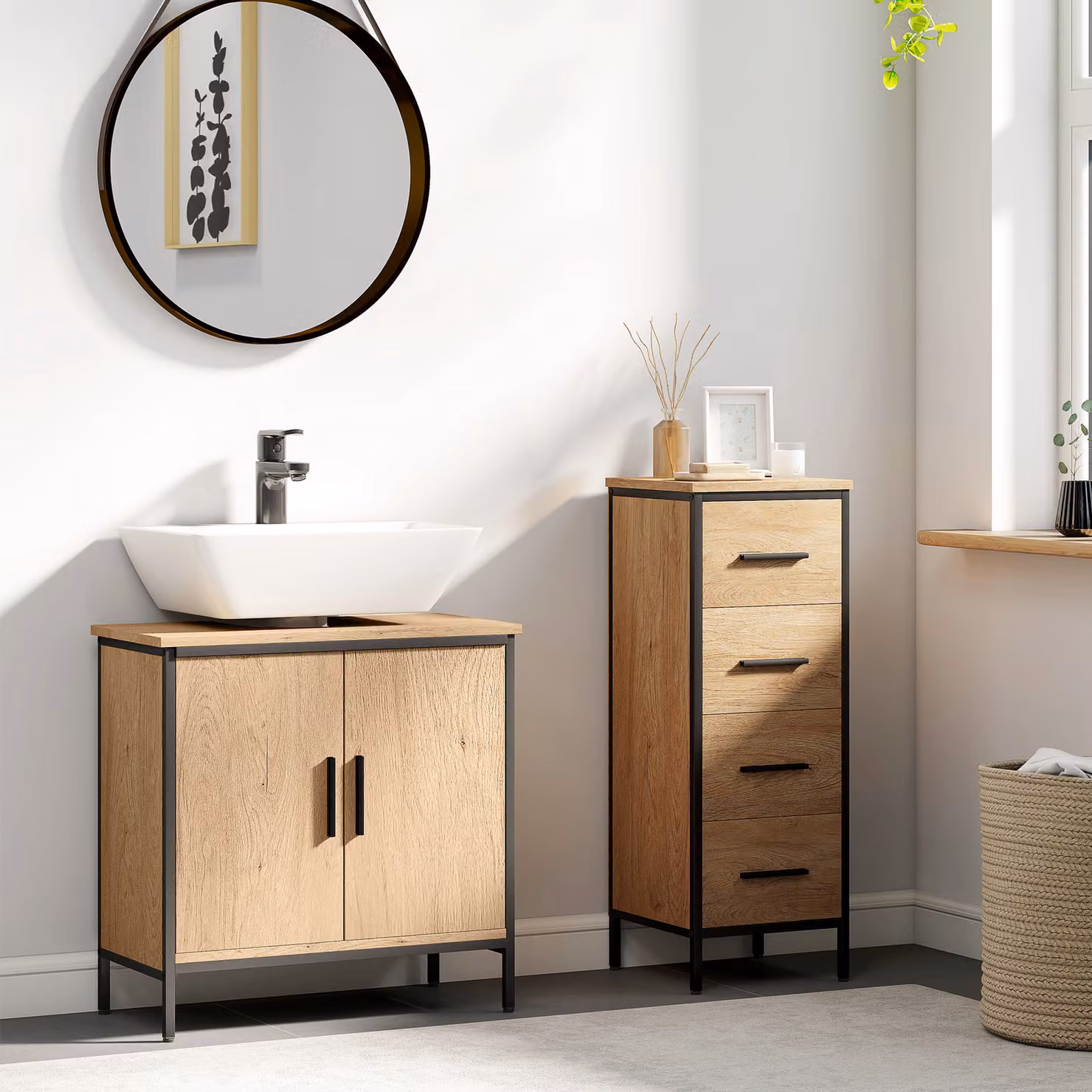 HOMCOM Industrial Bathroom Vanity Unit in Oak and Black with Hinged Doors and Internal Shelves – 2
