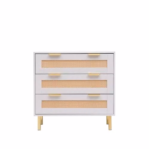 Moderna Chest of Drawers with Rattan Fronts and Gold Accents, White, W/D/H: 80 x 40 x 77 cm