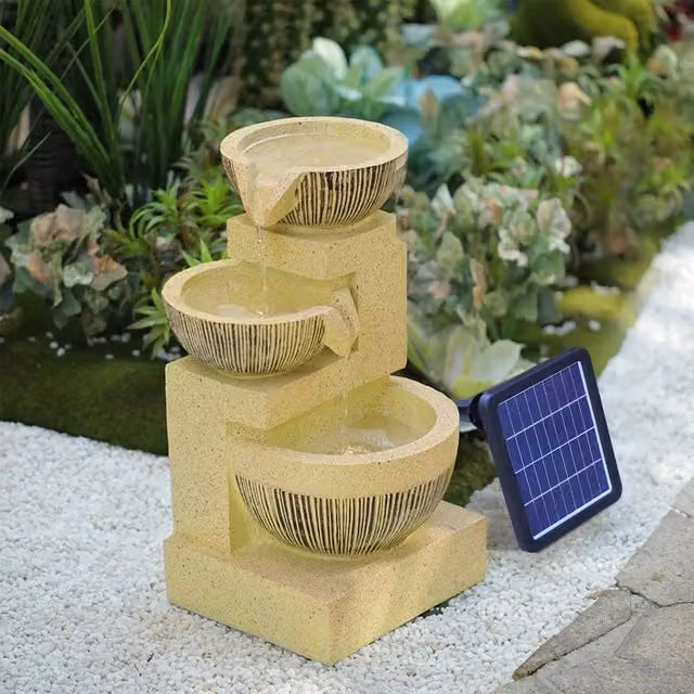 Livingandhome Golden 3-Tier Round Solar Cascade Water Fountain with LED Lights