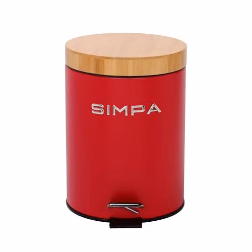 Simpa 5L Soft-Closing Pedal Dustbin with Bamboo Lid in Red
