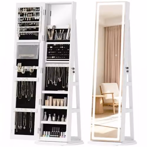 HOMCOM White Mirror Jewellery Cabinet with LED Lighting and Internal Shelves, H 158.5 x W 55.0 x D 22.0 cm