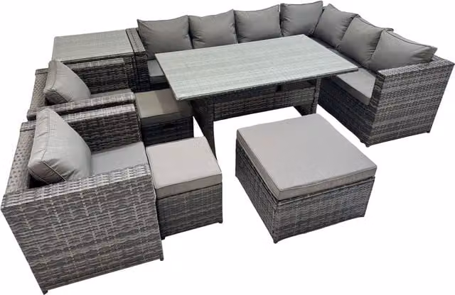 Fimous 11 Seater Rattan Garden Furniture Set in Dark Grey Mixed with Glass Top