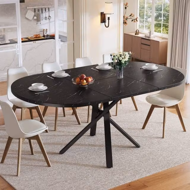 Merax Modern Extending Dining Table, Round to Oval, Black Metal Frame and MDF Top, W/D/H: 100 x 100 x 75.5 cm (Extends to 140 cm)