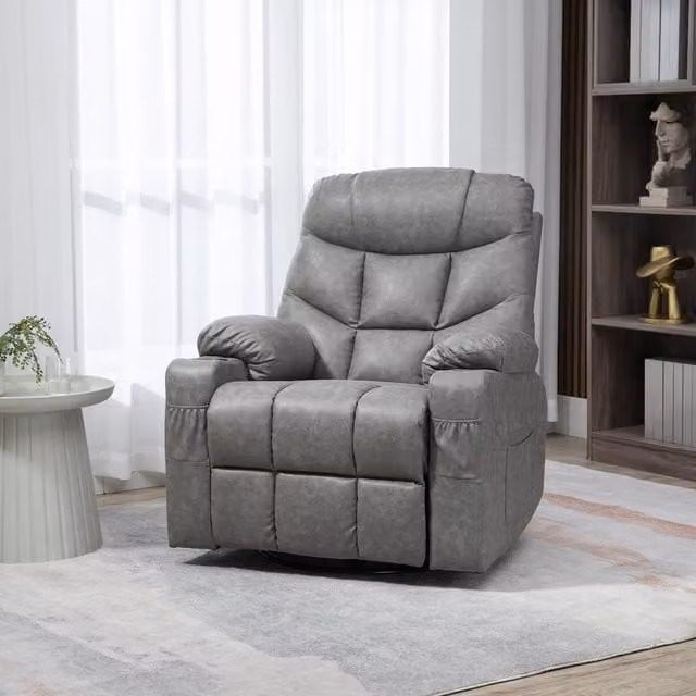 HOMCOM Manual Swivel Relax Recliner Chair in Grey Faux Leather – 1