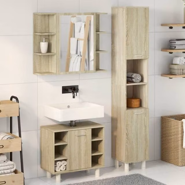 Berkfield Home 3 Piece Bathroom Furniture Set in Sonoma Oak and Beige – 1
