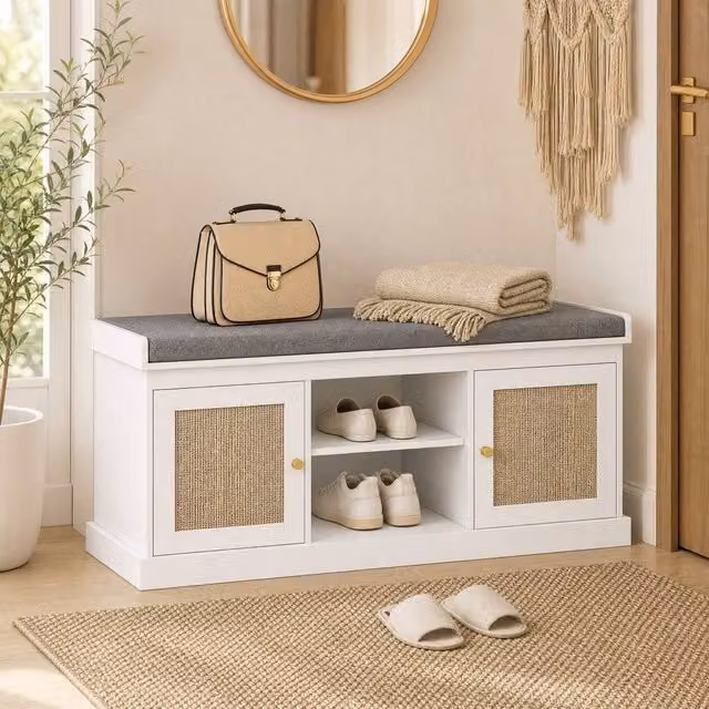STILVORA Boho Shoe Bench with Fabric Cushion and 2 Rattan Doors in White and Gold – 1
