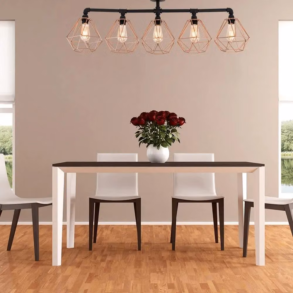 ValueLights 5 Way Industrial Pipework Bar Ceiling Light in Satin Black with Copper Basket Cage Shades and Warm White LED Bulbs – 2