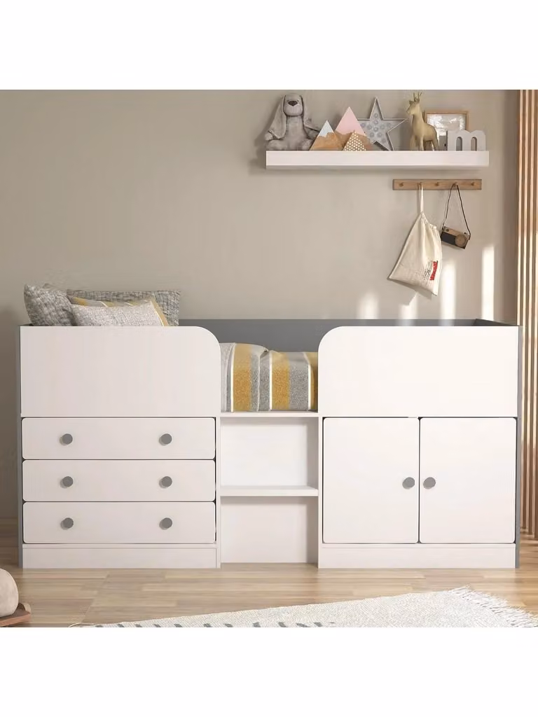 Very Home Peyton Mid Sleeper Bed in White and Grey with Storage Drawers and Cupboard, H 194.0 cm x W 96.8 cm x D 79.6 cm