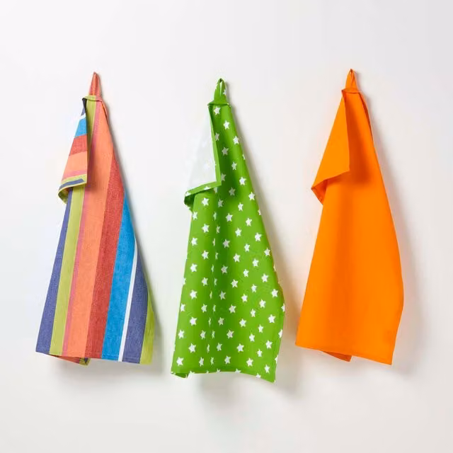 Homescapes Cotton Star Tea Towels, Set of 3, Multicolour Green and Orange