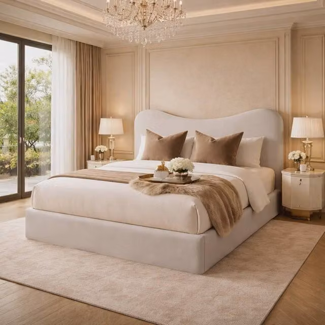 Desire Deco Chelsea Upholstered Plush Velvet Bed Frame in Light Beige, W/D/H: 200 x 190 x 112 cm