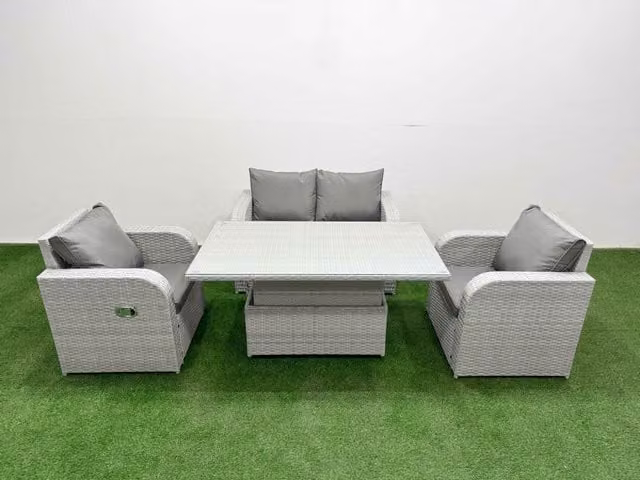 Fimous 4 Seater Light Grey PE Wicker Rattan Garden Furniture Set with Reclining Chairs and Adjustable Table