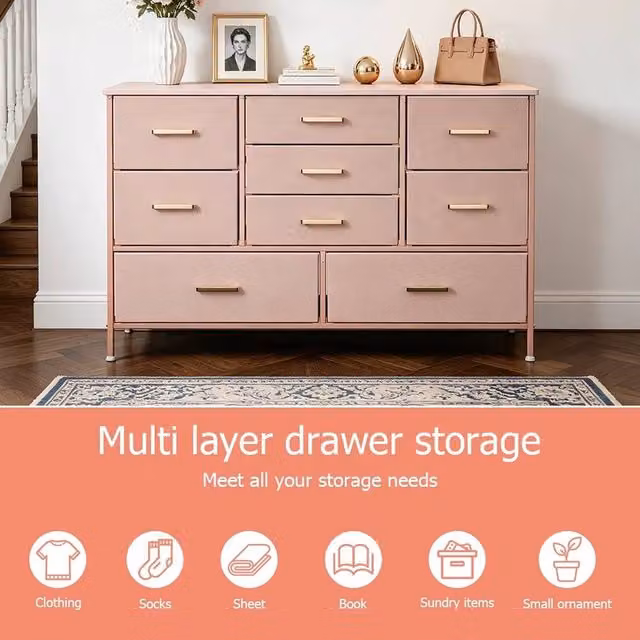 EONLION Pink Wide Chest of 9 Drawers with Gold Accents for your Bedroom or Living Room, Width: 100 cm