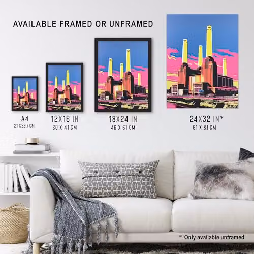 Artery8 Battersea Power Station Pop Art Wall Poster Print, Multicolour Pink, Yellow and Blue, 45.7 x 61 cm – 3
