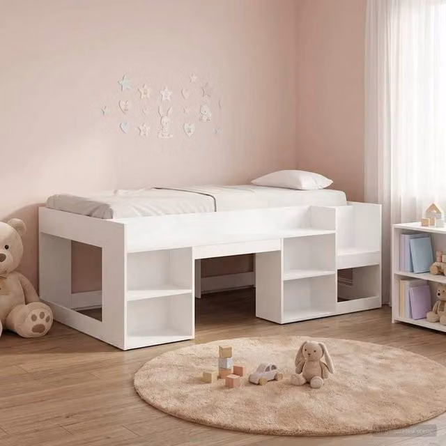 Berkfield Home Kids Bed Frame with Side Compartments and Bedside Shelf, White, W: 98.5 cm x L: 200 cm – 1