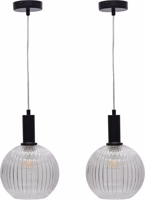 First Choice Lighting Betchley Set of 2 Black Deco Pendant Lights with Transparent Ribbed Glass Globes – 1