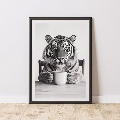 60 Second Makeover Funny Tiger Drinking Coffee Paper Poster, A4, Multicolour