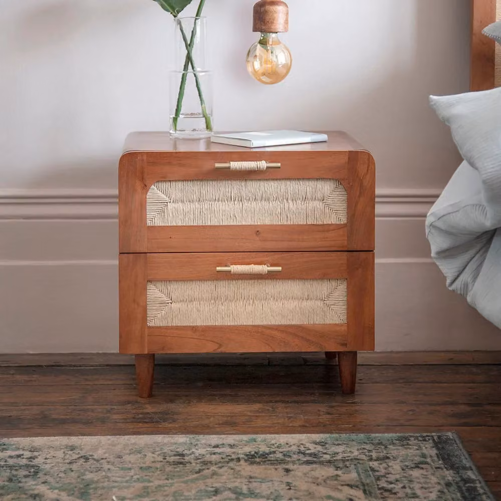 Atkin & Thyme Maya Bedside Table in Brown Acacia Wood and Rattan