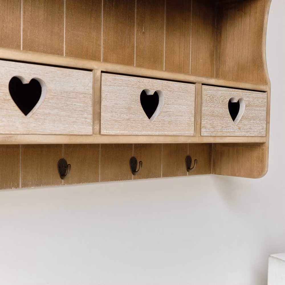 Melody Maison Large Rustic Wooden Wall Shelving Unit with Heart Drawers and Storage Hooks in Light Brown – 2